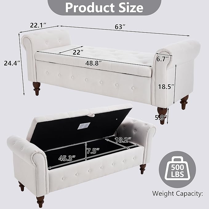 GNIXUU 63" End of Bed Storage Bench for Bedroom, Upholstered Ottoman Seat with Storage for Living Room, Window, Entryway, Beige White Velvet