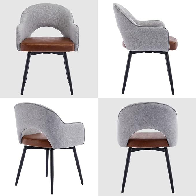 DUOMAY Modern Swivel Dining Chairs Set of 2, Linen & Faux Leather Upholstered Accent Side Chair, Home Office Desk Chair with No Wheels for Dining Room Living Room Office, Light Grey