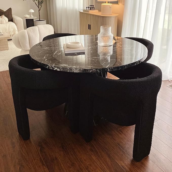 Black Dining Chairs Set of 4, Upholstered Sherpa Barrel Chairs with Arms Comfy Accent Side Chairs for Living Room/Dining Room/Reception, Black