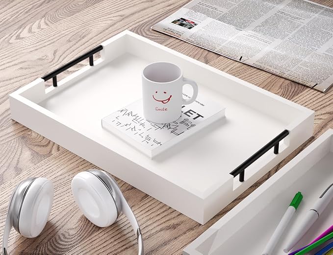 Bamboo Set of 2 Serving Tray with Metal Handles,Ottoman Decorative Trays Platter for Coffee Table,Living Room,Bar,Party(White)