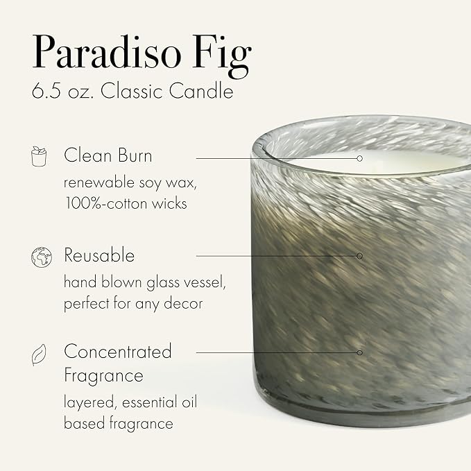 LAFCO New York Classic Candle, Paradiso Fig - 6.5 oz - 50-Hour Burn Time - Reusable, Hand Blown Glass Vessel - Made in The USA