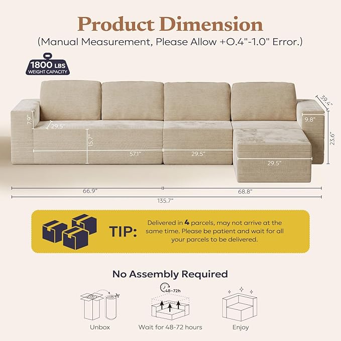 136" Cloud Sectional Couch, Left/Right Facing Convertible Sofa with Deep Seat, L-Shape Modular Upholstered Foam Couch for Living Room Bedroom, No Assembly Required (Corduroy Fabric, Beige)