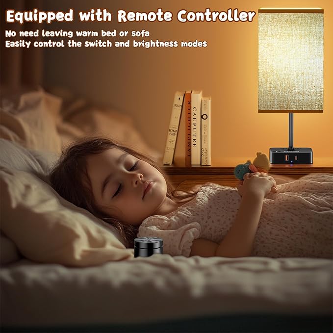 cozoo Bedroom Table Lamp with Remote Operation Control,Dimmable Bedside Table Desk Lamps with USB C+A Charging Ports 2 AC Outlets (Brown + Remote)