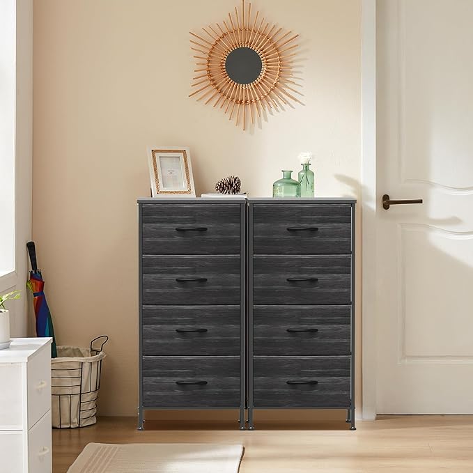 DUMOS Nightstand with 4 Drawers Bedside Table with Removable Fabric Bins Sturdy Steel Frame Wood Top Organizer Furniture for Bedroom Closet Living Room,Black Wood Grain