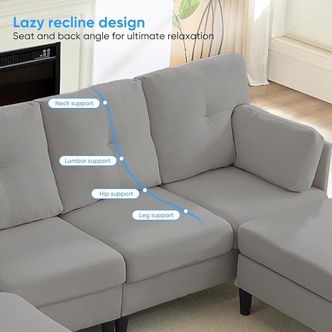 PUREMIND Sectional Home Sofa Living Room, Modern U-Shaped Sofa Couches with Double Chaise, Upholstered 4 Seater Sofa for Living Room, Apartment, Light Grey