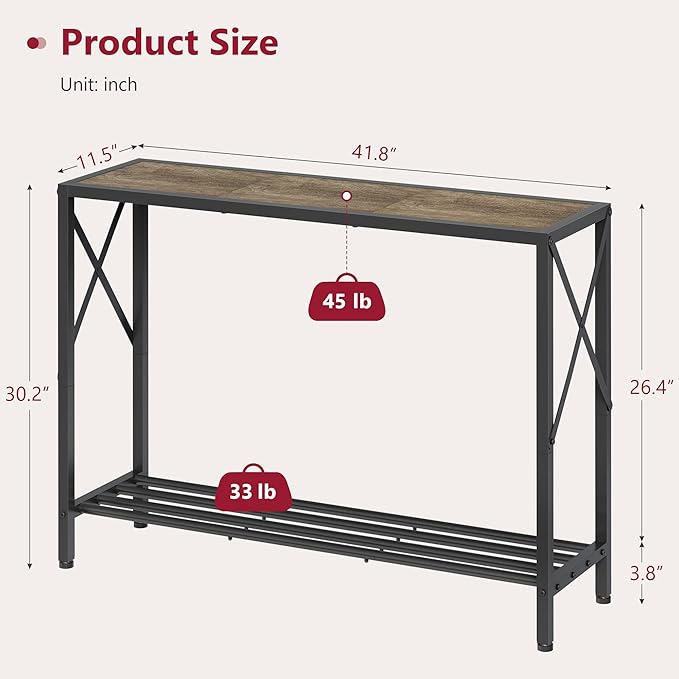 Tajsoon Console Table 41.8”, 2-Tier Industrial entryway Table, Narrow Sofa Table with Shelves, Entrance Table for Entryway, Hallway, Living Room, Foyer, Corridor, Office, Grey & Black
