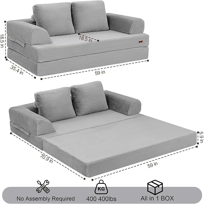COMAX Convertible Sofa Bed, Folding Floor Couch Corduroy Fold Out Couch Bed Futon Sleeper Mattress with Pillows, Boneless Sofa Comfy Lounge Loveseat for Living Room Bedroom, Faux Fur Grey