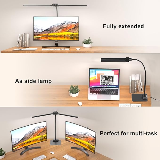 KableRika Desk Lamp Double Light: Bright Led Desk Lights for Home Office - Eye Care Reading Table Lamps with Base - Dimmable Desktop Lighting for Computer Monitor Study Drafting