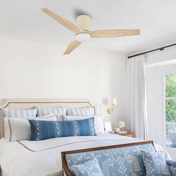 52" Ceiling Fan with Light - Low Profile Flush Mount Ceiling Fan, 6-Speed Remote Control, Solid Wood, Quiet Reversible DC Motor, Boho Style, for Bedroom, Living Room, Porch, Light Oak/White