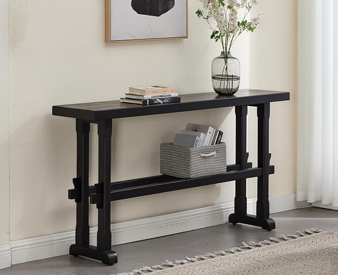 chairus 59" Long Console Table Farmhouse Narrow Sofa Table with Crossbar Solid Wood Entryway Table for Living Room/Hallway/Entrance, Black
