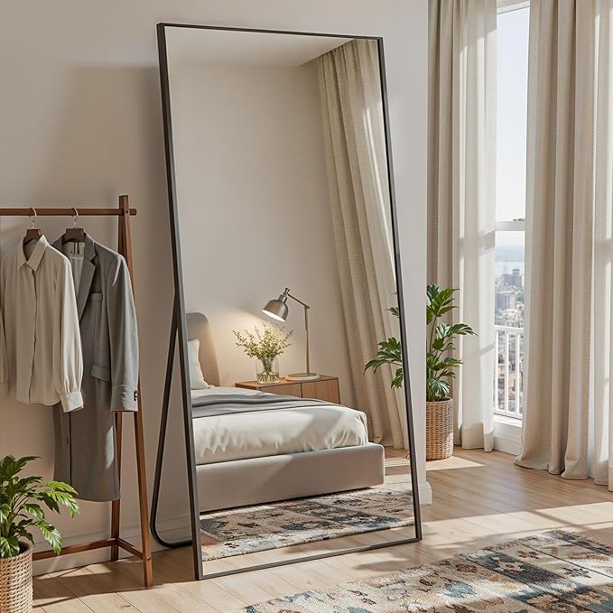 Full Length Mirror, 71"x32" Full Body Mirror, Floor Mirrors with Stand, Body Mirrors Standing Hanging Leaning Against Wall,Aluminum Frame Mirrors for Bedroom Cloakroom,Living Room,Black