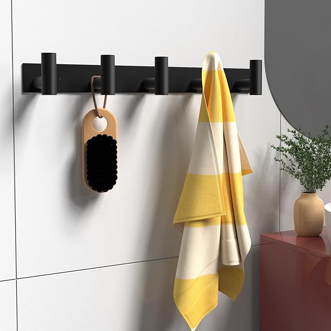 PMMASTO Coat Rack Wall Mounted, 5 "T Shaped Wall Hooks for Hanging, Heavy Duty Stainless Steel Coat Hook Rail for Hat Towel Robes in Bathroom Kitchen Mudroom Entryway (Black, 2 Pack)
