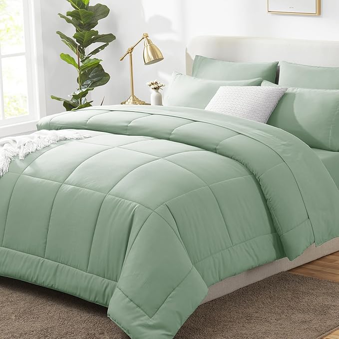 CozyLux Twin XL Comforter Set Sage Green, 5 Pieces Twin Extra Long Bed in a Bag for College Dorm, All Season Bedding Set with Stitch Quilted Comforter, Flat Sheet, Fitted Sheet, Pillowcases