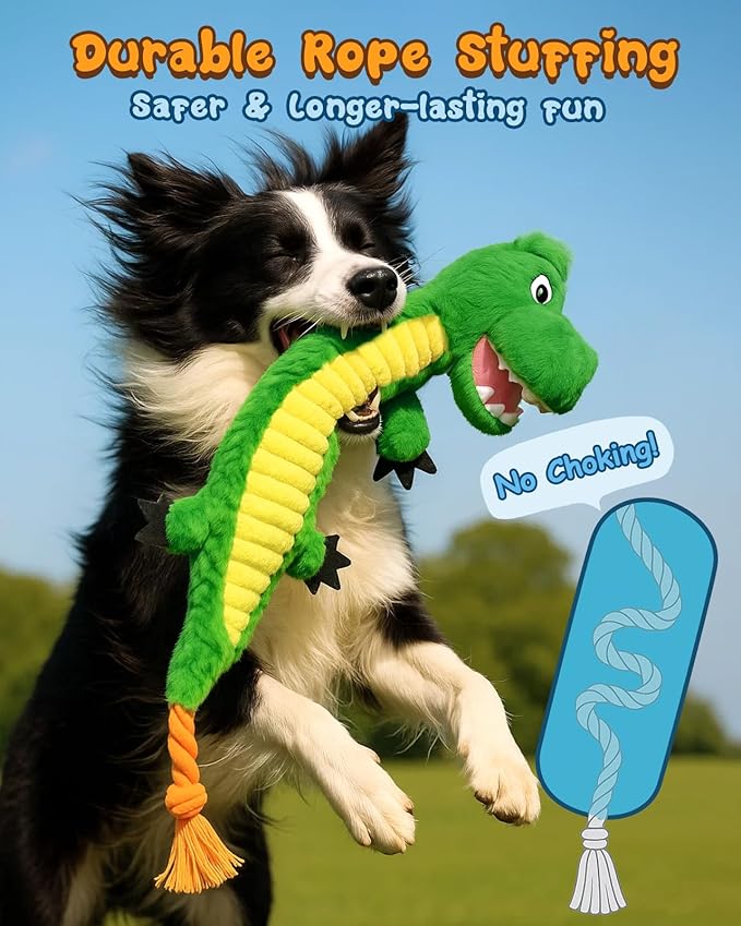 Swooflia Dog Rope Toy - Interactive Cute Dinosaur Squeaky Plush Toys No Stuffing, Teeth Cleaning for Small Medium and Large Dogs, Durable Puppy Tug of War Chew Toy for Training and Play