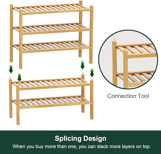Shoe Rack 3-Tier Organizer-Stackable Storage Shelf with Multi-Function Combinations-Free Standing Bamboo Shoe Racks for Closet,Entryway,Hallway,Bathroom,Living Room Shoe Organization (Natural,3-Tier)