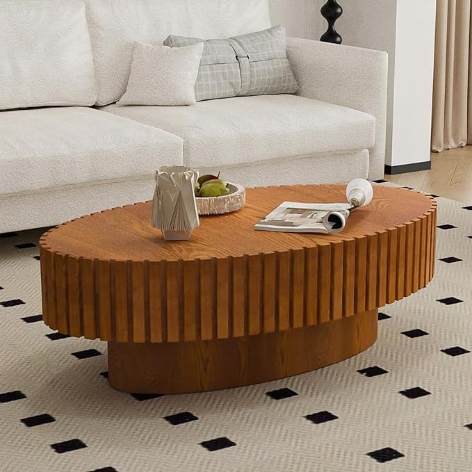 Oval Coffee Tables for Living Room 43.3" Olive-Shaped Fluted Coffee Table with Sturdy Pedestal Modern Wood Drum Coffee Table Contemporary Center Table for Farmhouse Apartment (Oval Wood)