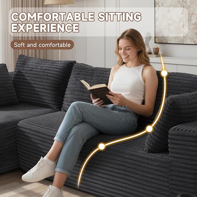 106" Cloud Couch Corduroy Modular Sectional Sofa L-Shape Boneless Couch with Wide Armrests and Cup Holders for Living Room Bedroom, No Assembly Required (Grey)