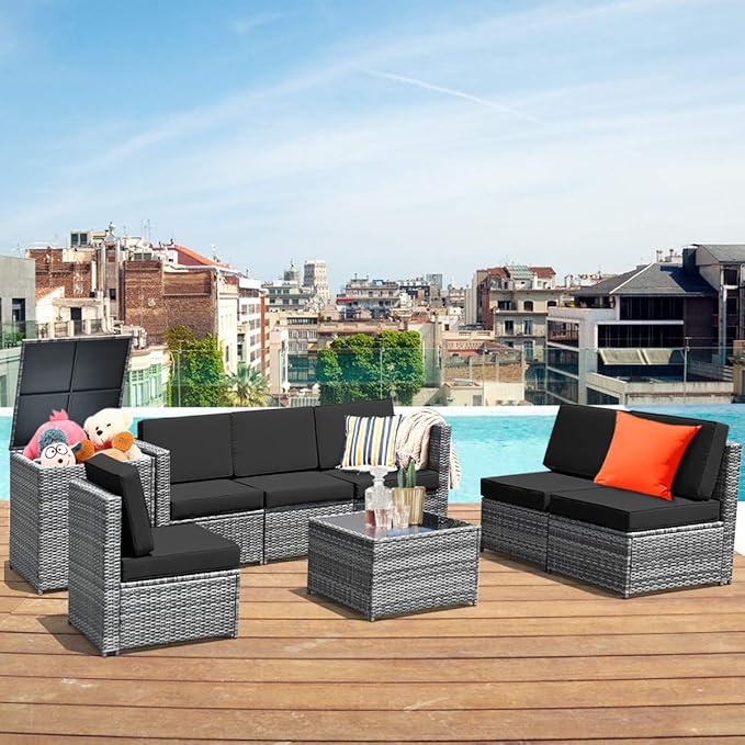 HAPPYGRILL 8-Pieces Patio Furniture Set Outdoor Rattan Conversation Set with Storage Box Sectional Wicker Sofa Set with Coffee Table and Cushions for Garden Backyard