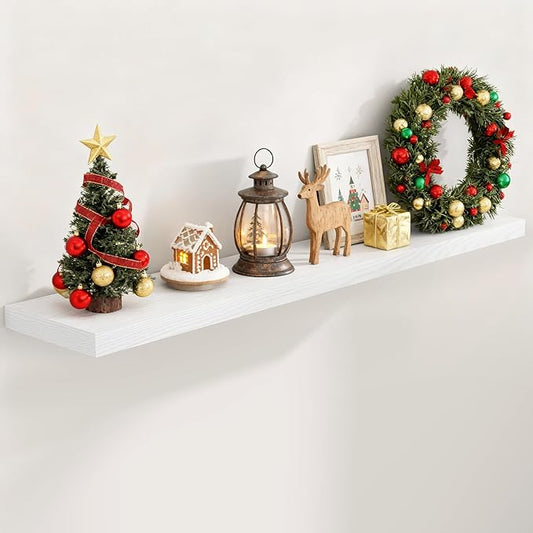 Fun Memories 55 Inch Floating Shelves for Wall, 55x9.3 Large Floating Shelf for Bedroom, Kitchen, Bathroom, Wall Mounted Rustic Wood Shelves with Invisible Bracket for Books, Decor, White