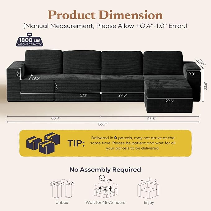 136" Cloud Sectional Couch, Left/Right Facing Convertible Sofa with Deep Seat, L-Shape Modular Upholstered Foam Couch for Living Room Bedroom, No Assembly Required (Corduroy Fabric, Black)