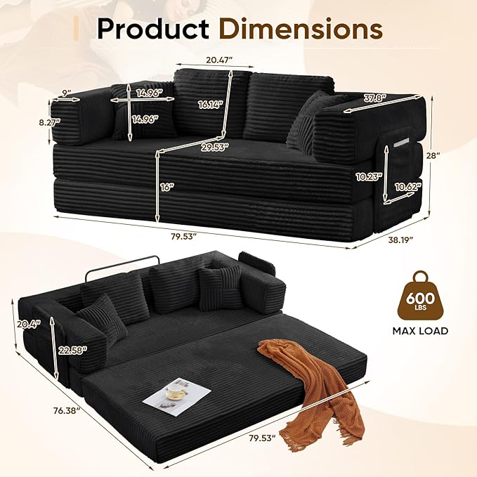 Antetek Convertible Sofa Bed, Comfy Corduroy Fluffy Love seat Sleeper Sofa, 5 in 1 Folding Couch Bed, Fold Out Floor Couch with Pillows for Bedroom, Living Room, Office, Wide Stripes, Black