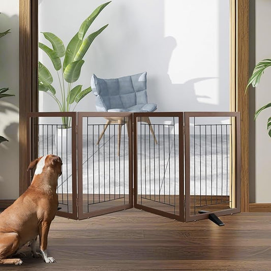 ZJSF Freestanding Dog Gate Indoor, Foldable Dog Fence for Doorways,Hallways or Stairs, Sturdy Wood Extra Wide Pet Gate with Support Feet,Brown,32 "Height-4 Panels