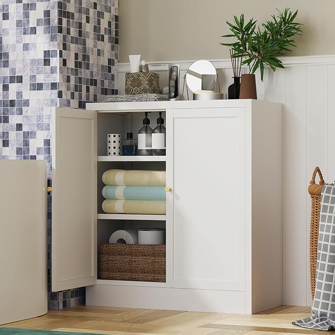 Storage Cabinet, Metal Bathroom Floor Organizers and Storage Cabinets, Freestanding Small Cabinet for Restroom, 3 Shlves Home、Bathroom、Living Room Cabinets - White