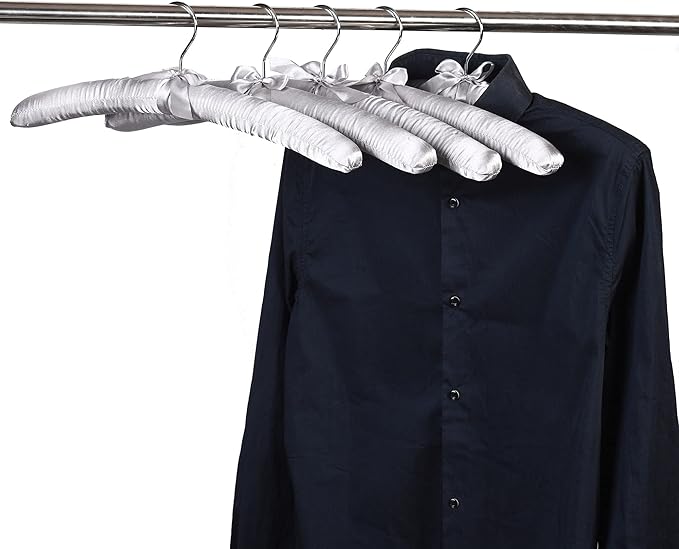 Grey Satin Padded Sweater Hangers 5 Pack, Blouse Hanger with Thick & Soft Foam for Bridal Wedding Dress Lingerie, Smooth Silk Covered Shirt Hanger Without Shoulder Bump
