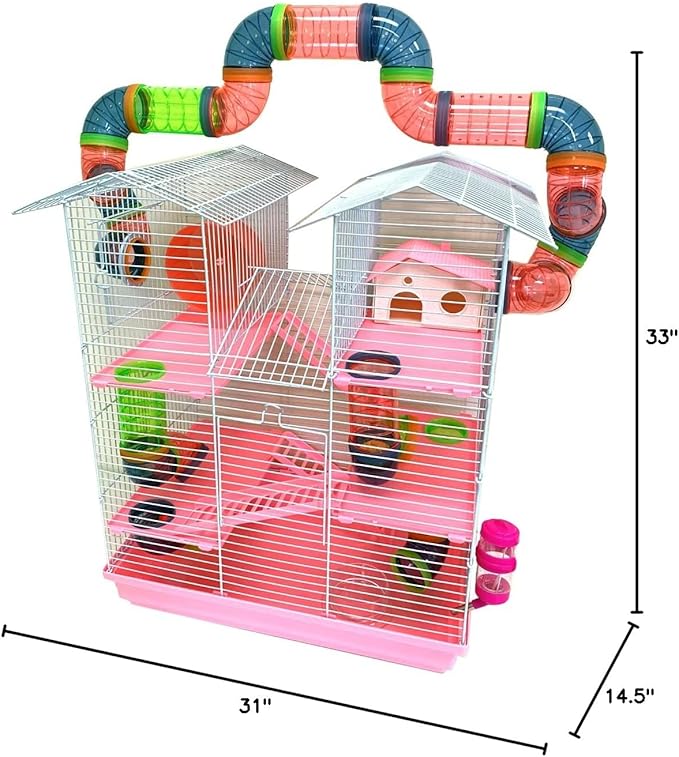 Pink Large Twin Tower Habitat Hamster Home Rodent Gerbil Mouse Mice Rat Wire Animal Cage Long Crossover Tube Expandable and Customizable with Hide House Running Wheel Food Bowl Water Bottle Deep Base