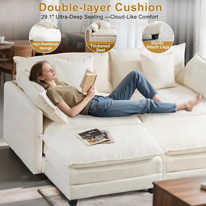 77" Cloud Chenille Sectional Sofa with 2 Ottomans｜Modular Couch with 29.1" Deep Seat｜FSC Solid Wood Frame｜Easy Assembly & 1YR Guarantee｜for Apartment Living Room (Beige, 77 Inch（U）)