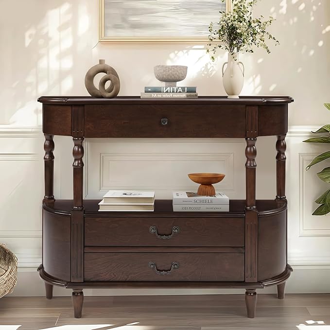 HMFULE Solid Wood Retro Curved Console Table, 43" Half Moon Console Table Sofa Table Entryway Table with 3 Drawers Open Shelf Pine Roman Legs Curved Corners for Living Room,Entryway,Hallway,Espresso