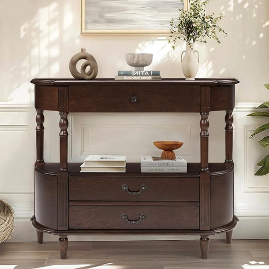 HMFULE Solid Wood Retro Curved Console Table, 43" Half Moon Console Table Sofa Table Entryway Table with 3 Drawers Open Shelf Pine Roman Legs Curved Corners for Living Room,Entryway,Hallway,Espresso
