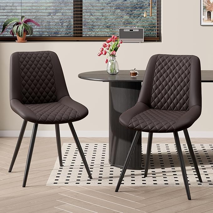 Modern Dining Chairs Set of 2, Top PU Leather Upholstered Dining Room Chairs with Metal Legs, Ergonomic Kitchen Chairs for Kitchen Dinning Room, Dark Brown