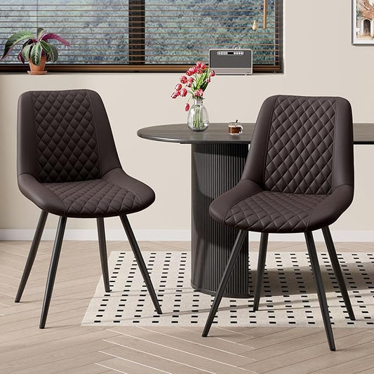 Modern Dining Chairs Set of 2, Top PU Leather Upholstered Dining Room Chairs with Metal Legs, Ergonomic Kitchen Chairs for Kitchen Dinning Room, Dark Brown