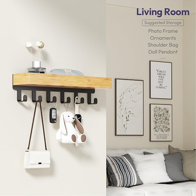 SWTYMIKI Key Holder Wall Mount - Wooden Key Hooks for Wall with Mail Organizer & 6 Hooks, 2 Installation Ways Key Hanger, Key Rack with Shelf for Entryway Living Room Bedroom Office Home Decor Wood