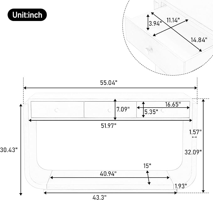Merax 55" Entryway Table with 3 Drawers, Natural Wood Grain Finish Console Table with Fluted Design for Entryway and Living Room (Beige)