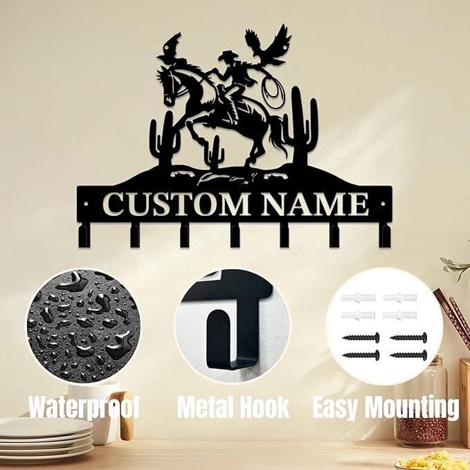 Personalized Custom Name West Cowboy Keys Hooks,Metal Cowboy Art Clothes Keys Hooks,Metal Cowboy Lover Wall Home Storage Decorative Keys Hooks,Key Holder Hooks for Wall (Style C)