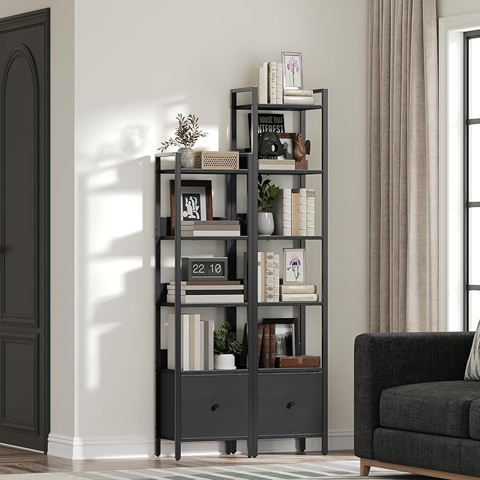 Bookshelf, 6-Tier Bookcase with Drawer, Small Book Shelf for Small Space, Storage Shelf Organizer, for Living Room, Bedroom, Study, Kitchen, Black BKHB66101
