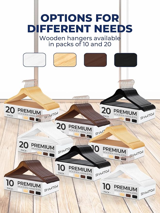 Smartor White Wooden Hangers 20 Pack, Solid Wood Coat Hanger for Closet, Heavy Duty Wood Hangers for Suits, Shirts, Dresses, with 360° Rose Gold Hook, Non Slip Pant Bar