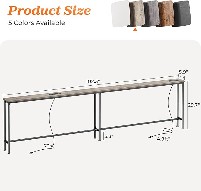 SUPERJARE Sofa Table with 2 Power Outlets and USB-C Ports, 5.9 Inch Narrow Console Table with Storage, Extra-Long, for Entryway Hallway Couch Behind Sofa, Small Spaces, Oak, 102.3 Inch