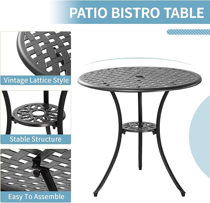 3 Piece Bistro Table Set Anti-Rust Outdoor Bistro Set Cast Alumiunm Patio Table and Chairs Set for 2, Patio Bistro Set Furniture Black