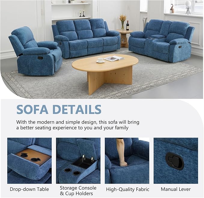 Manual Recliner Sofa Set,Microfiber Reclining Couch Set,Modern Living Room Furniture Set,Reclining Sofa Couch Chair for Living Room Home Office(Light Blue,Sofa+Loveseat)