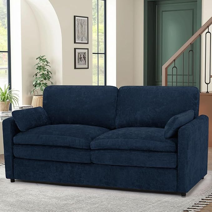 69” Chenille Loveseat Sofa w/Arm Pillows, Upholstered 2-Seater Sofa w/Comfortable Back Cushions, Modern 2 Seats Couch w/High-Density Foam for Living Room, Apartment, Office, Blue