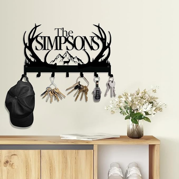 NIWAHO Personalized Family Name Metal Wall Sign with Hooks – Rustic Deer Antler Key Holder Wall Mount Customized Name for Entryway, Mudroom, Kitchen, or Bathroom Decor
