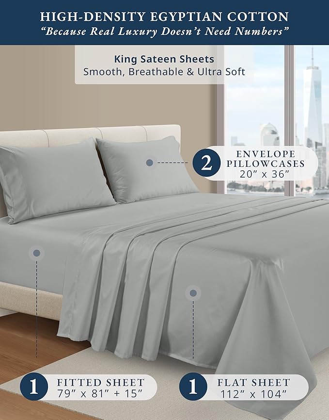 LANE LINEN 100% Egyptian Cotton King Bed Sheets, Eco Friendly No Pill Naturally Cooling Sheet King Size, Soft & Comfy Sateen Weave Silky Smooth Finish, Available in Variety of Colors -Lime Stone