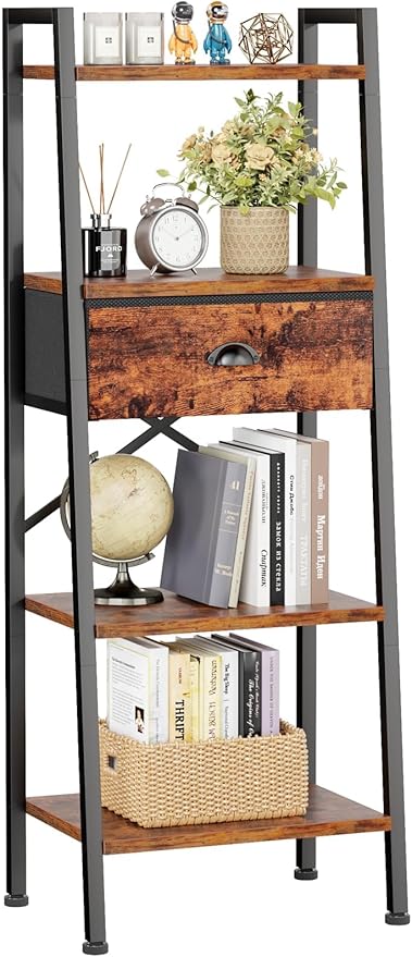 Furologee 4 Tier Ladder Shelf, Narrow Ladder Bookshelf with Drawer, Modern Freestanding Bookcase, Storage Shelves Organizer for Bathroom,Kitchen,Bedroom,Living Room,Rustic Brown