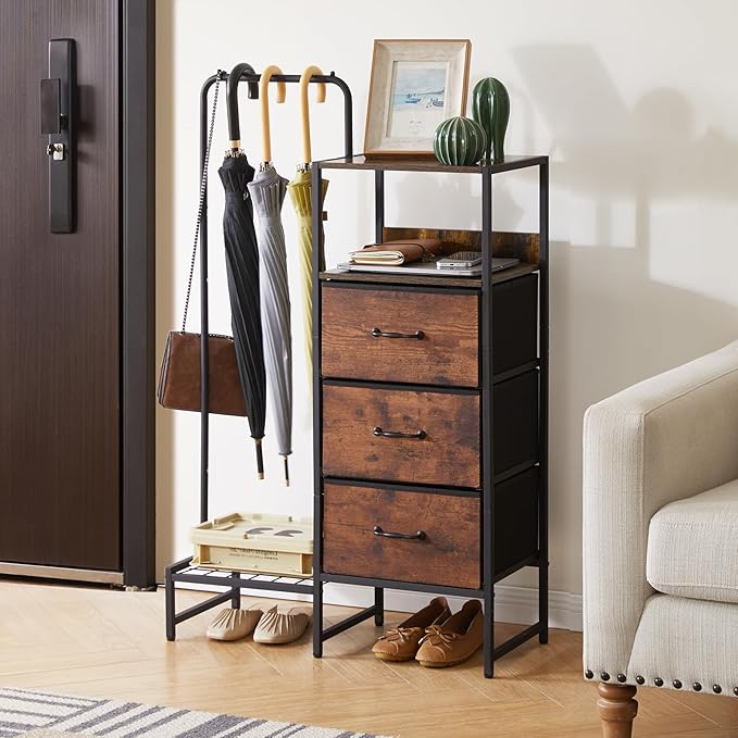 44 '' Tall Garment Rack with 3 Fabric Drawers, 4-Tier Clothing Rack, Coat Hanger with Shoe Shelf & Shelves for Small Spaces, Rustic Brown YD-TM081H