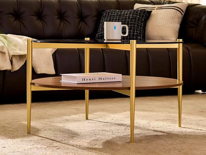 Shrine Round Glass Coffee Table, Mid-Century Modern Design, D30 x H17 in, 2-Tier Structure, Amber Glass Top and Walnut MDF Shelf, Sleek Conical Metal Legs with Gold Finish