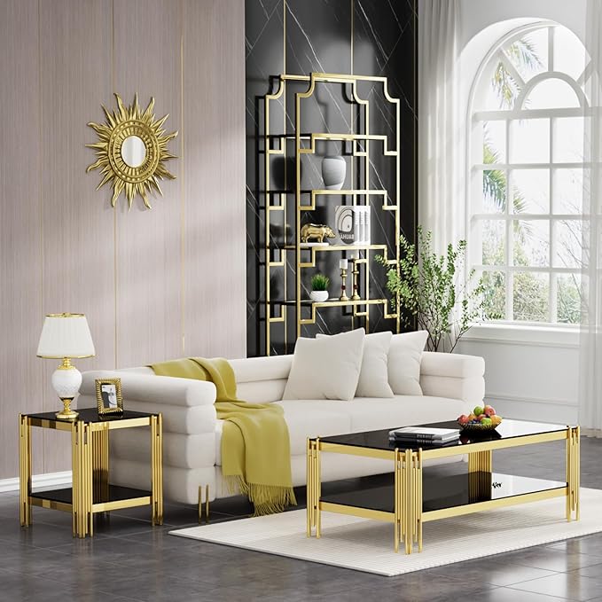 Glass Gold Coffee Table Set of 2,Modern Coffee Table and End Table w/Storage,Glass Coffee Table Set with Stainless Steel Frame,2 Pieces Living Room Table Set for Apartment Home Office