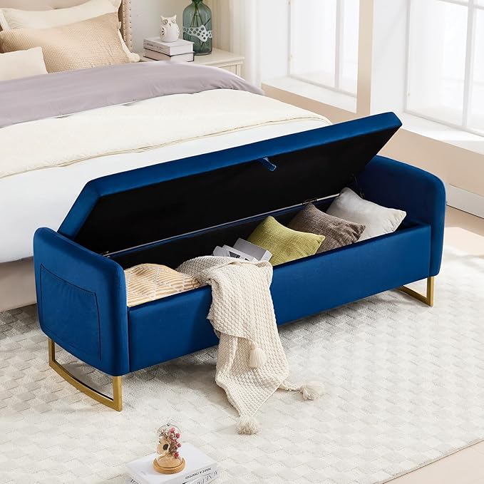 65" Storage Ottoman Bench, End of Bed Storage Bench King Size with Tufted Button Upholstered and Gold Legs, Bedroom Benches with Armrests for Living Room Window and Entryway, Navy Blue